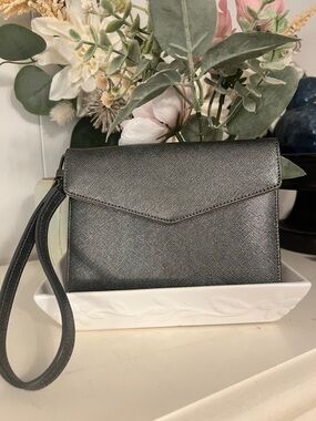 Halogen Leather Metallic Charcoal Wristlet Clutch
